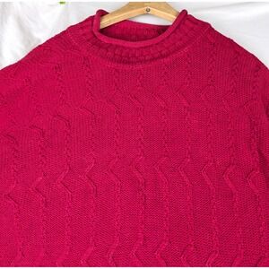 Vintage Cranberry Red Chevron Knit Crew Neck Sweater Cotton USA Rolled Edge hems